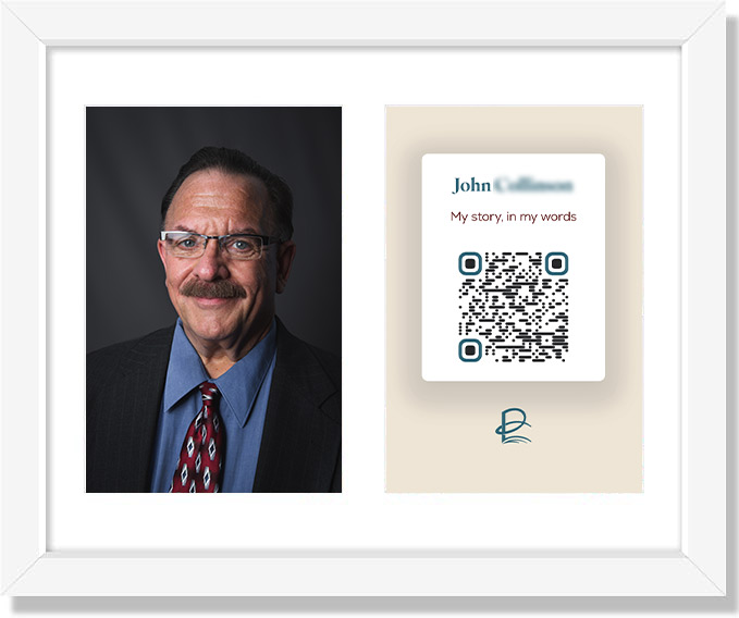 Framed side-by-side print with portrait photo on left and QR legacy card on right