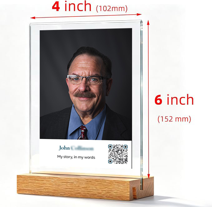 4x6 acrylic shelf display on wood base showing a portrait photo with a QR code